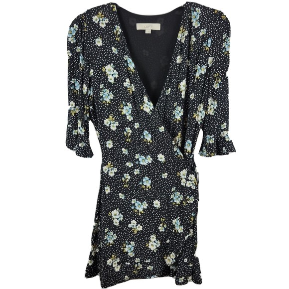 LOFT Pants - Ann Taylor LOFT Womens Romper 4 Black Floral Mock Wrap Ruffle Trim Half Sleeve